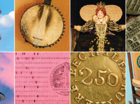 Lucky strike water tower, Earl Scruggs Banjo, Queen Elizabeth, Dog Tags, Lighthouse, RTP punch cards, Bechtler dollar coin, and Kennedy Rocker