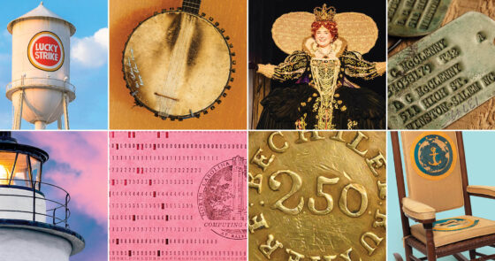 Lucky strike water tower, Earl Scruggs Banjo, Queen Elizabeth, Dog Tags, Lighthouse, RTP punch cards, Bechtler dollar coin, and Kennedy Rocker