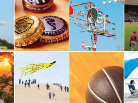 Objects like the putter boy statue, bottle caps, whirligigs, Durham Bulls Athletic Park, ENO Hammock, Kitty Hawk Kites, basketball, and Shibumi Shade