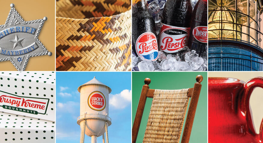 Andy Griffith's Sheriff's Badge, Cherokee basket, Soda Bottles, Lighthouse, Krispy Kreme box, Lucky Strike Water Tower, Kennedy Rocker, Face Jug