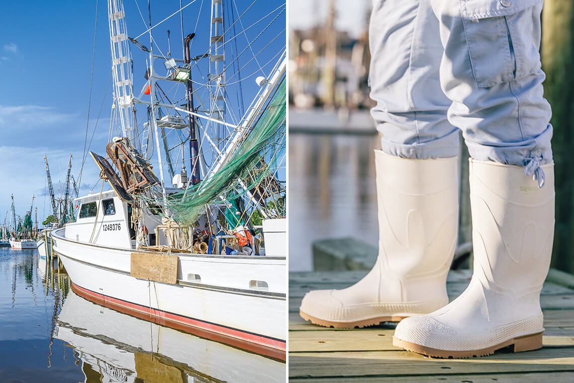 Sneads Ferry shrimping boat and white rubber boots