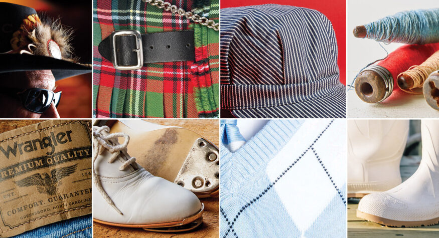 Richard Petty hat, Carolina Tartan, Engineers cap, textile bobbins, Wrangler jeans, clogging shoes, Chapel Hill UNC argyle, Sneads Ferry Sneakers