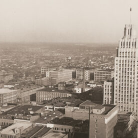 Black and white photo of the Reynolds Building in Winston-Salem