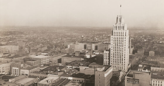 Black and white photo of the Reynolds Building in Winston-Salem
