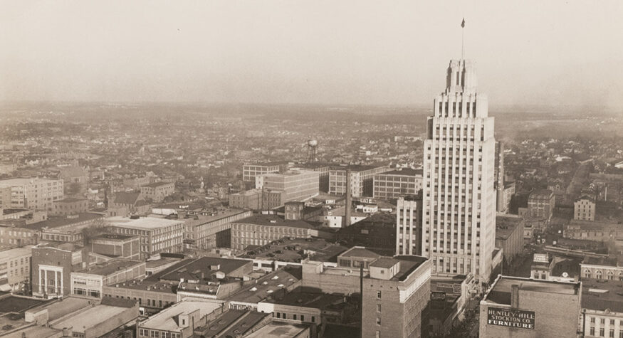 Black and white photo of the Reynolds Building in Winston-Salem
