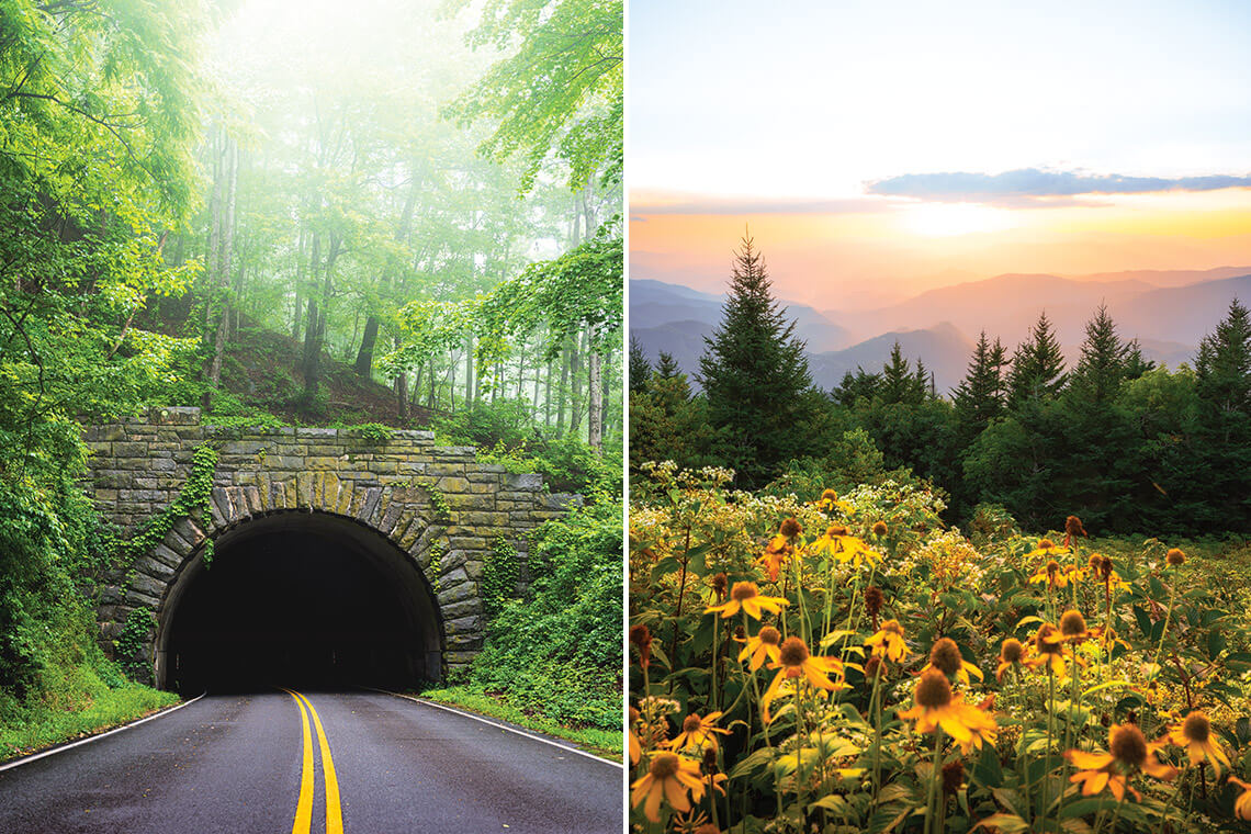 Stone tunnel at Grassy Knob and meadow along the Blue Ridge Parkway