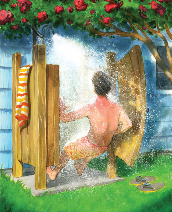 Illustration of a man in an outdoor shower