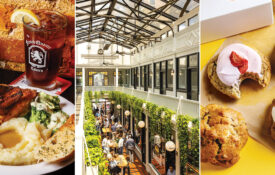 Chicken and mashed potatoes on a plate, interior of Charlotte's Latta Arcade, and desserts at Bonbonniere