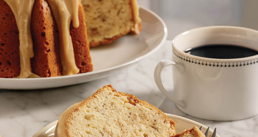 Slice of cold oven walnut pound cake
