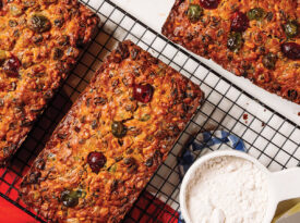 Fruitcakes cooling on a wire rack