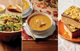 Brussels sprout and apple salad, butternut soup, and peanut butter and chocolate bars