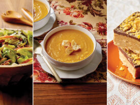 Brussels sprout and apple salad, butternut soup, and peanut butter and chocolate bars