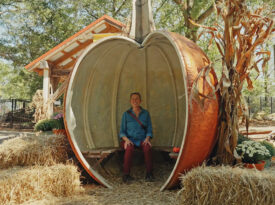 Woman in a hollow pumpkin structure