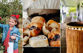 Little girl picking apples in Randolph County, pastries, and mug of coffee